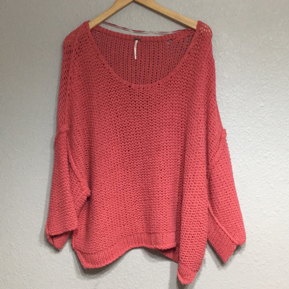 Free People Coral Open-Knit Scoop Neck Sweater